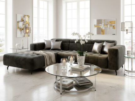 Nowoczesny Narożnik 265x205 CM Sofa Rogowa + Regulowana Wysokość Zagłówków + Sprężyny Faliste + Pianka HR + Wysokie Nóżki - ABRA