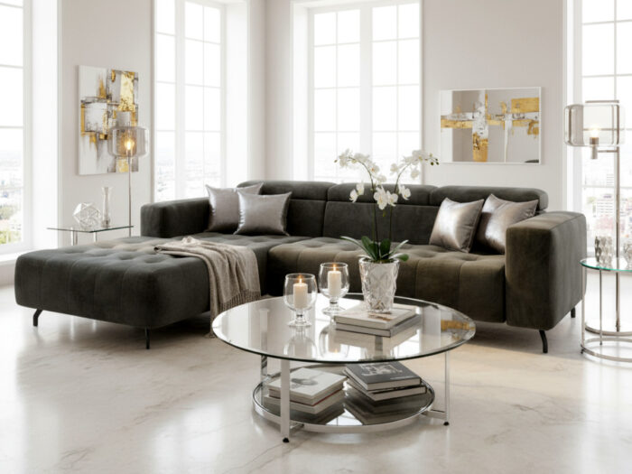 Nowoczesny Narożnik 265x205 CM Sofa Rogowa + Regulowana Wysokość Zagłówków + Sprężyny Faliste + Pianka HR + Wysokie Nóżki - ABRA