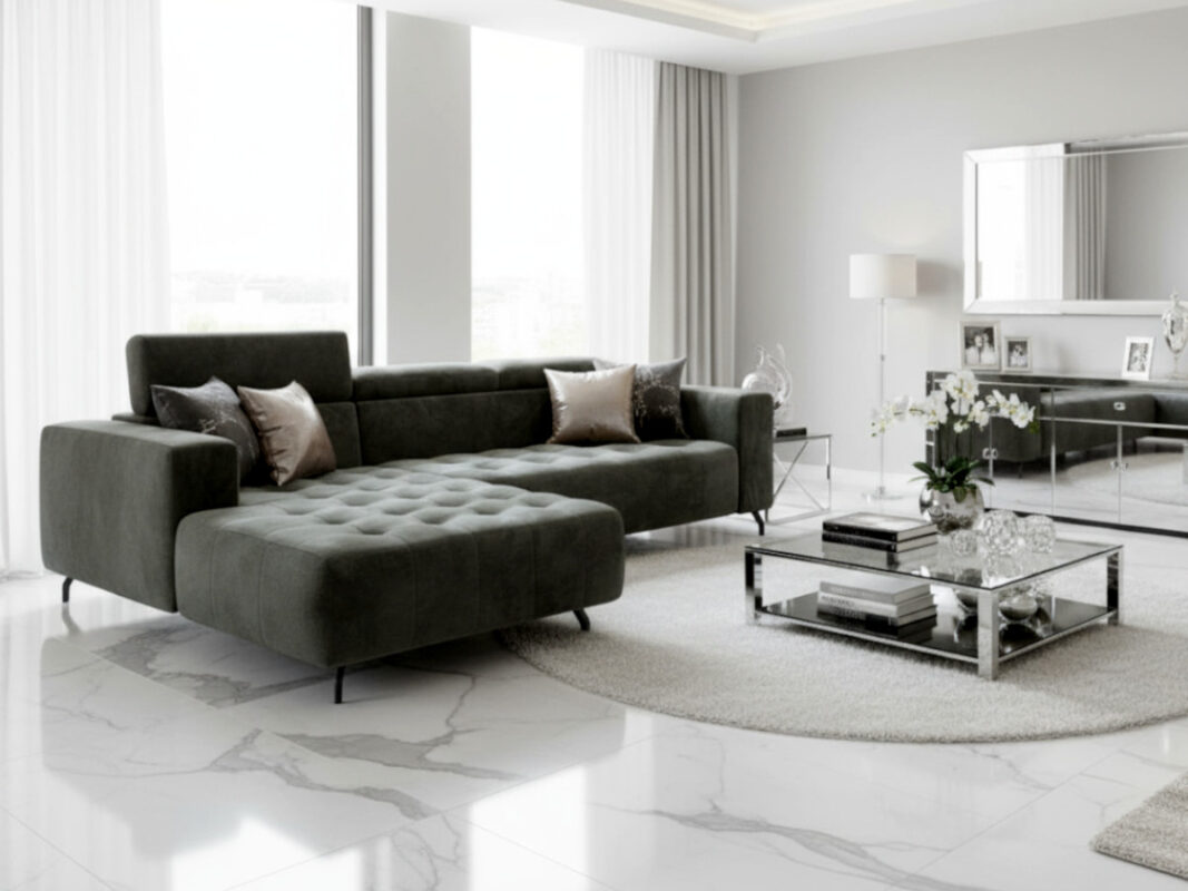 Nowoczesny Narożnik Abra 265x205 CM Sofa Rogowa + Regulowana Wysokość Zagłówków + Sprężyny Faliste + Pianka HR + Wysokie Nóżki - ABRA