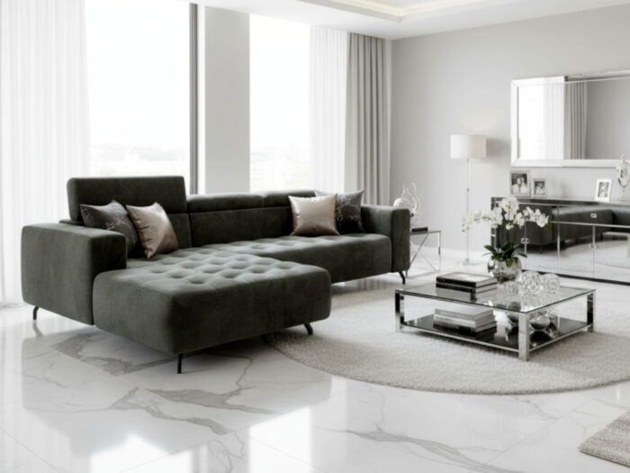 Nowoczesny Narożnik 265x205 CM Sofa Rogowa + Regulowana Wysokość Zagłówków + Sprężyny Faliste + Pianka HR + Wysokie Nóżki - ABRA