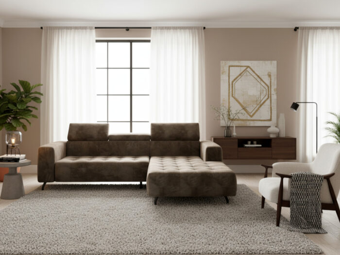 Nowoczesny Narożnik 265x205 CM Sofa Rogowa + Regulowana Wysokość Zagłówków + Sprężyny Faliste + Pianka HR + Wysokie Nóżki - ABRA