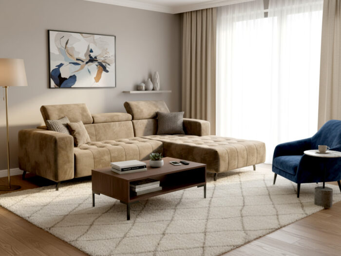 Nowoczesny Narożnik 265x205 CM Sofa Rogowa + Regulowana Wysokość Zagłówków + Sprężyny Faliste + Pianka HR + Wysokie Nóżki - ABRA