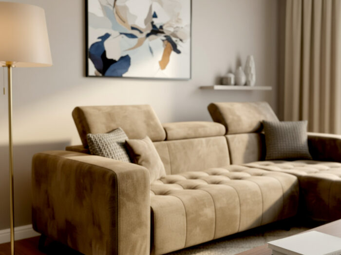 Nowoczesny Narożnik 265x205 CM Sofa Rogowa + Regulowana Wysokość Zagłówków + Sprężyny Faliste + Pianka HR + Wysokie Nóżki - ABRA