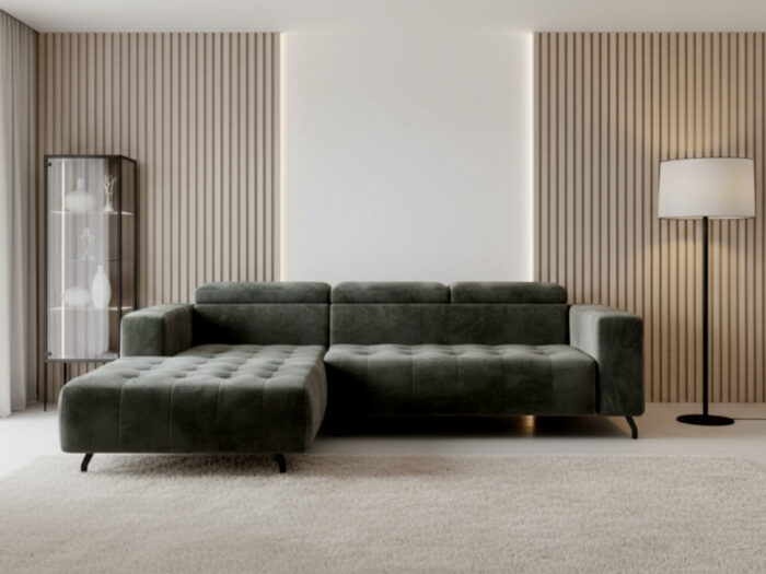 Nowoczesny Narożnik 265x205 CM Sofa Rogowa + Regulowana Wysokość Zagłówków + Sprężyny Faliste + Pianka HR + Wysokie Nóżki - ABRA