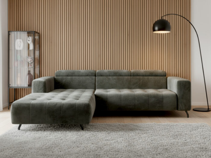 Nowoczesny Narożnik 265x205 CM Sofa Rogowa + Regulowana Wysokość Zagłówków + Sprężyny Faliste + Pianka HR + Wysokie Nóżki - ABRA