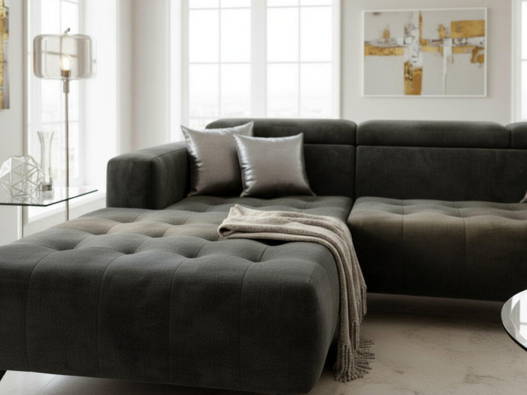 Nowoczesny Narożnik 265x205 CM Sofa Rogowa + Regulowana Wysokość Zagłówków + Sprężyny Faliste + Pianka HR + Wysokie Nóżki - ABRA