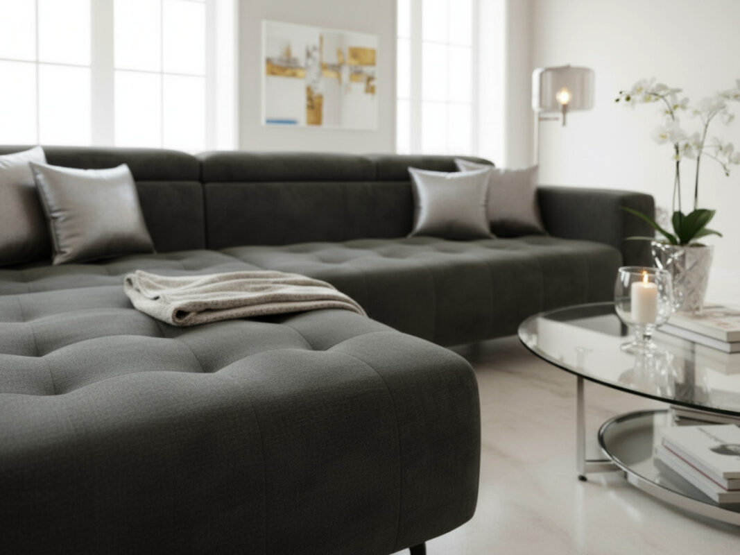 Nowoczesny Narożnik 265x205 CM Sofa Rogowa + Regulowana Wysokość Zagłówków + Sprężyny Faliste + Pianka HR + Wysokie Nóżki - ABRA
