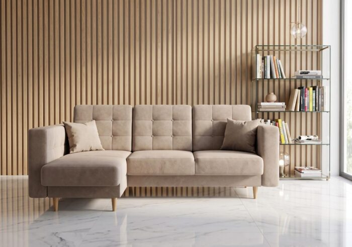 Narożnik Z Funkcją Spania Imperia 225x158 cm beżowy welurowy