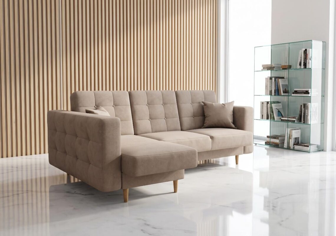 Narożnik Z Funkcją Spania Imperia 225x158 cm beżowy welur do salonu