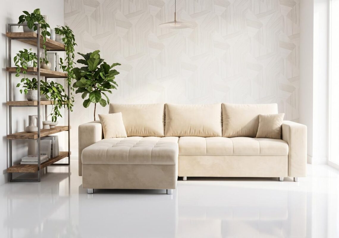 Narożnik Rozkładany Simi 250x175 cm kremowy welwet