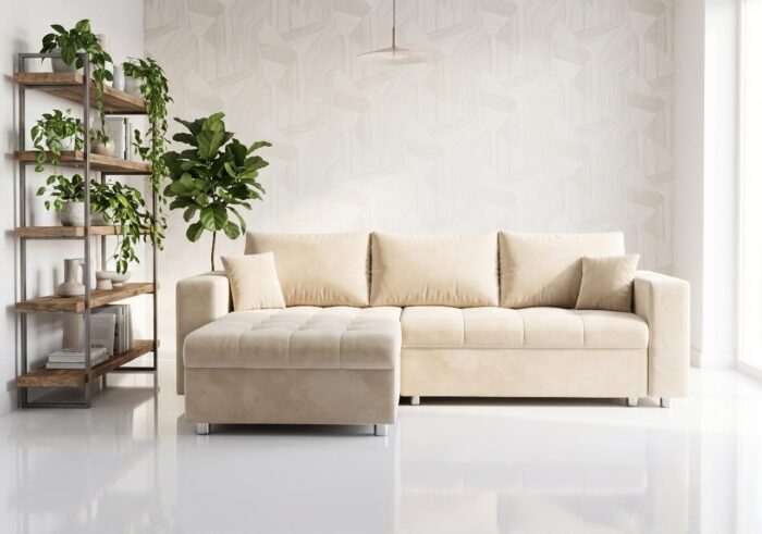 Narożnik Rozkładany Simi 250x175 cm kremowy welwet