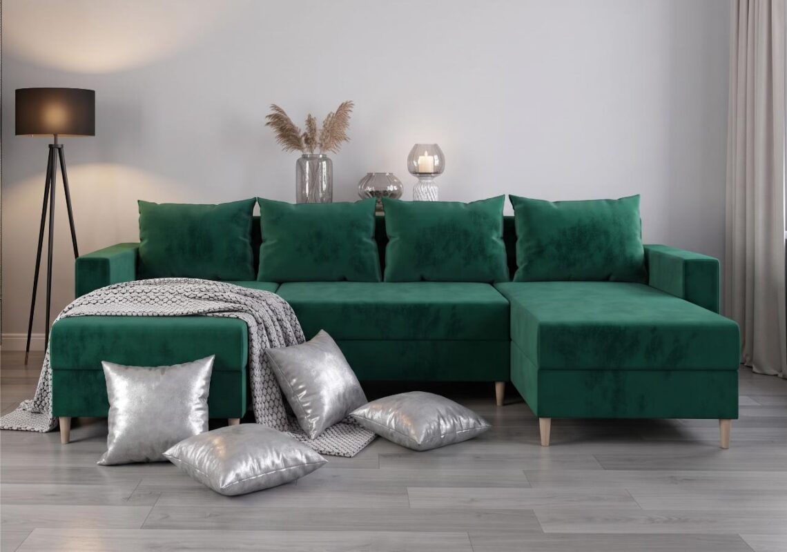 Duży Narożnik Rozkładany Hampton do salonu zielony