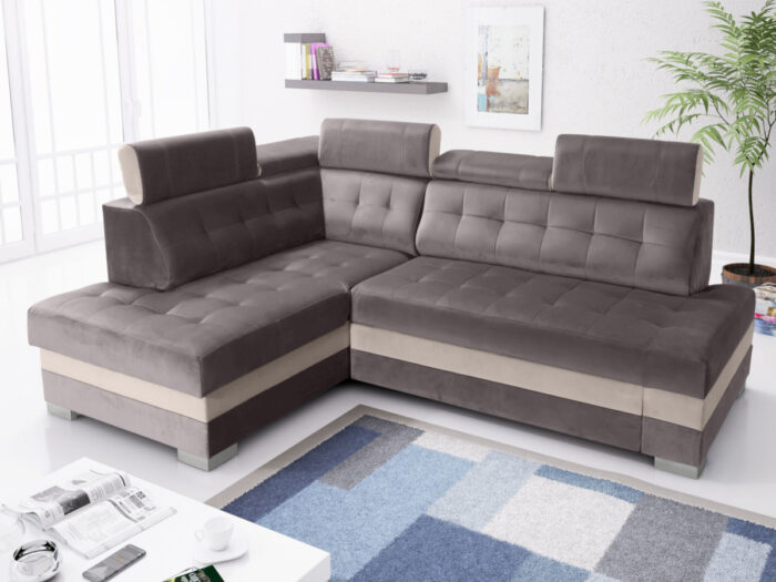 Nowoczesny Narożnik Z Funkcją Spania 240X165 CM + Regulowane Zagłówki + Pikowane Oparcie Siedzisko + Pojemnik na Pościel + Sprężyna Bonell Pianka - GENUA