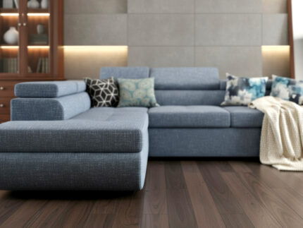 Nowoczesny narożnik 280x200 PRATO niebieski z regulowanymi zagłówkami