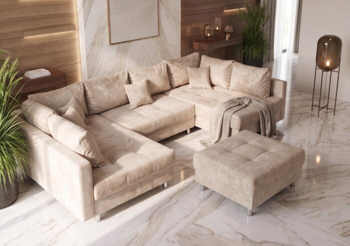 Narożnik rozkładany Sun 285 cm beżowy welurowy z dużą pufą