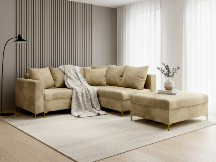 Narożnik Rozkładany 235x172 CM Z Dużą Pufą W Zestawie + Funkcja Spania Pojemnik Wysokie Nóżki - STAR
