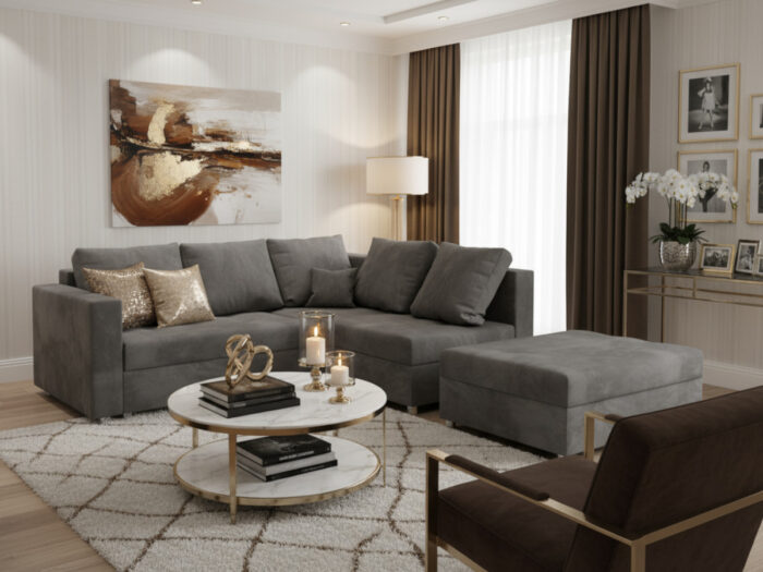 Rozkładany Narożnik 235x172 CM Z Dużą Pufą W Zestawie + Funkcja Spania Pojemnik + Kolory - MOON