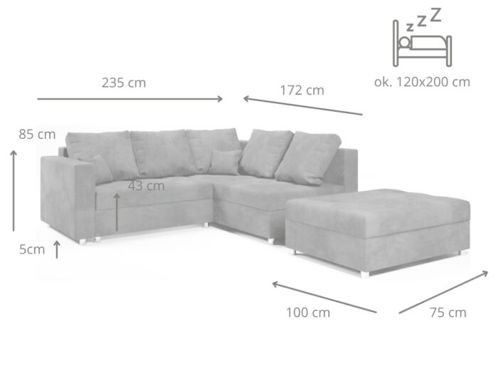 Rozkładany Narożnik 235x172 CM Z Dużą Pufą W Zestawie + Funkcja Spania Pojemnik + Kolory - MOON