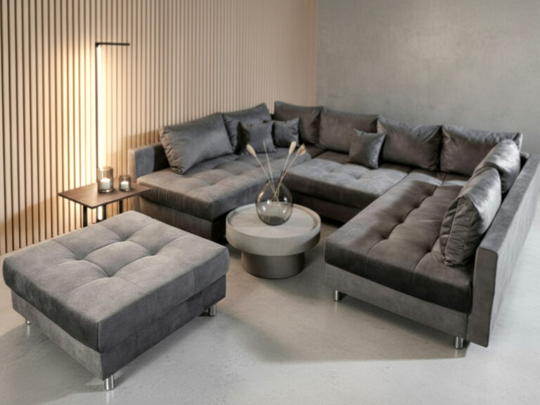 Duży Narożnik Rozkładany 285x172 CM Kształt U Z Pufą W Zestawie + Funkcja Spania Pojemnik + Sprężyny Bonell - SUN