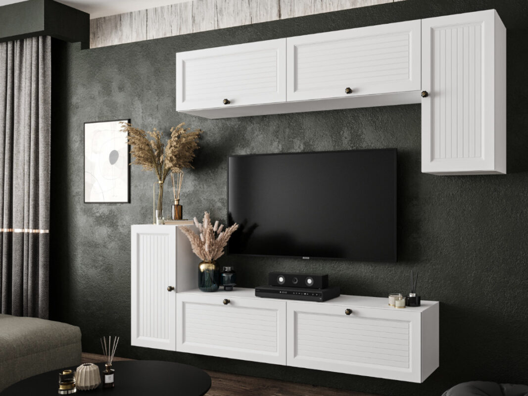 Biały Zestaw Mebli RTV Meblościanka Nowoczesna Do Salonu 200X180X35 CM + Fronty Frezowane Malowane MDF 18 MM + Wybór Wzorów NEVADA