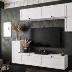 Biały Zestaw Mebli RTV Meblościanka Nowoczesna Do Salonu 200X180X35 CM + Fronty Frezowane Malowane MDF 18 MM + Wybór Wzorów NEVADA