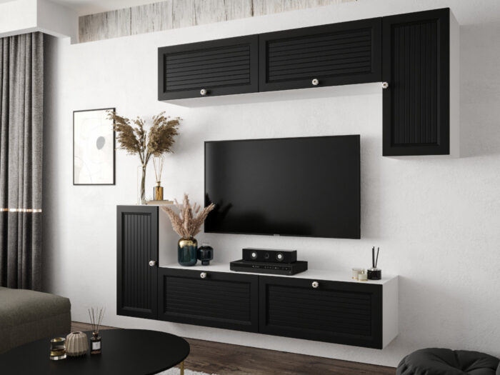 Nowoczesny Zestaw Mebli RTV Meblościanka Wisząca Do Salonu Biało Czarna 200X180X35 CM + Fronty Frezowane Malowane MDF 18 MM + Wybór Wzorów NEVADA