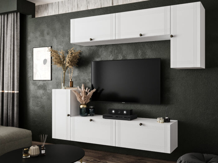 Biały Zestaw Mebli RTV Meblościanka Nowoczesna Do Salonu 200X180X35 CM + Fronty Frezowane Malowane MDF 18 MM + Wybór Wzorów NEVADA
