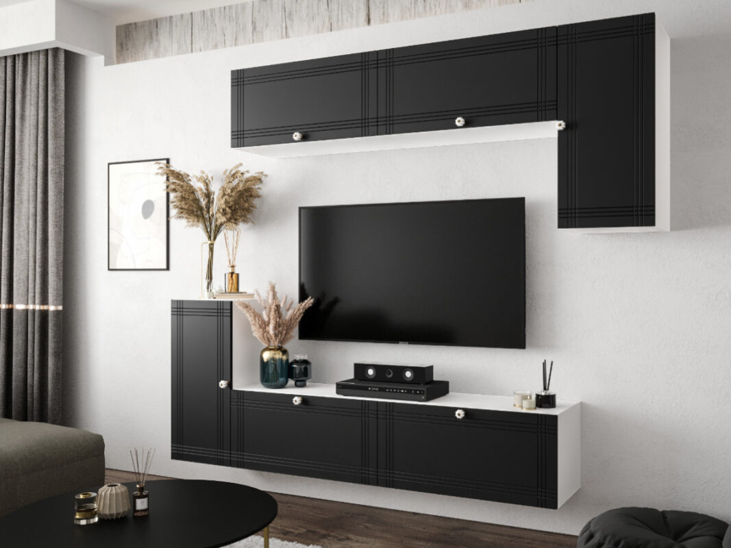 Nowoczesny Zestaw Mebli RTV Meblościanka Wisząca Do Salonu Biało Czarna 200X180X35 CM + Fronty Frezowane Malowane MDF 18 MM + Wybór Wzorów NEVADA