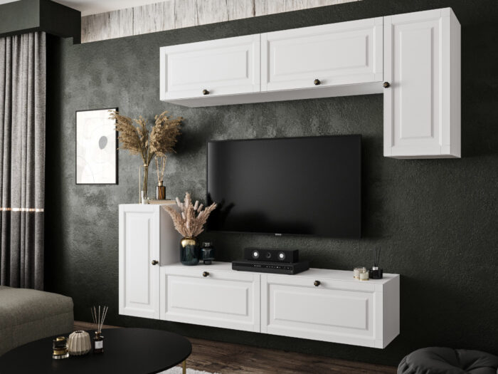 Biały Zestaw Mebli RTV Meblościanka Nowoczesna Do Salonu 200X180X35 CM + Fronty Frezowane Malowane MDF 18 MM + Wybór Wzorów NEVADA