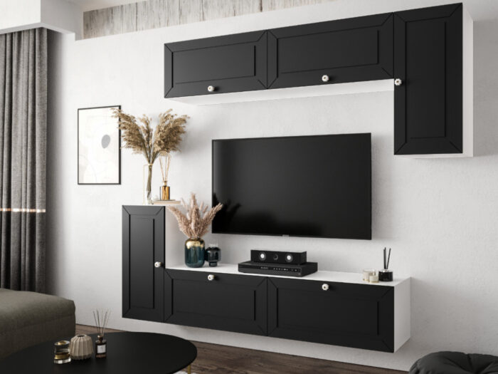Nowoczesny Zestaw Mebli RTV Meblościanka Wisząca Do Salonu Biało Czarna 200X180X35 CM + Fronty Frezowane Malowane MDF 18 MM + Wybór Wzorów NEVADA