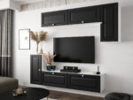 Nowoczesny Zestaw Mebli RTV Meblościanka Wisząca Do Salonu Biało Czarna 200X180X35 CM + Fronty Frezowane Malowane MDF 18 MM + Wybór Wzorów NEVADA