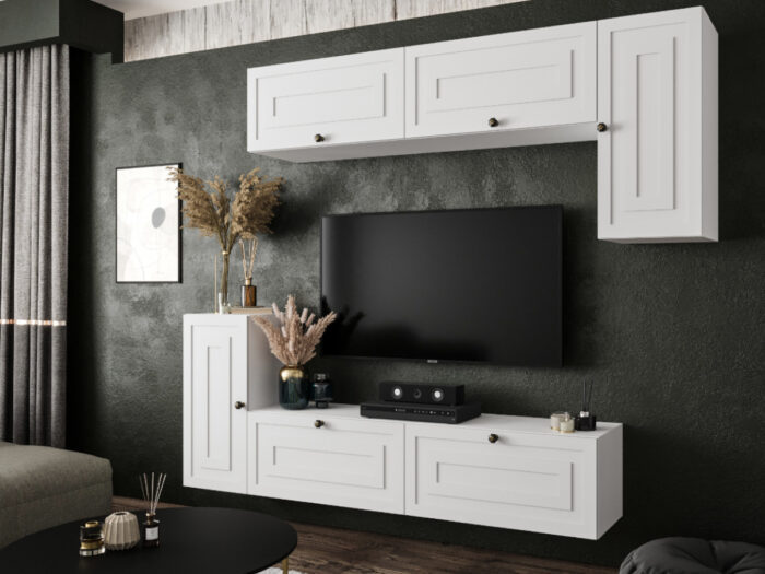 Biały Zestaw Mebli RTV Meblościanka Nowoczesna Do Salonu 200X180X35 CM + Fronty Frezowane Malowane MDF 18 MM + Wybór Wzorów NEVADA