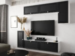 Nowoczesny Zestaw Mebli RTV Meblościanka Wisząca Do Salonu Biało Czarna 200X180X35 CM + Fronty Frezowane Malowane MDF 18 MM + Wybór Wzorów NEVADA