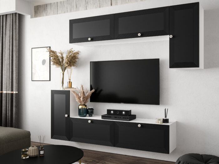 Nowoczesny Zestaw Mebli RTV Meblościanka Wisząca Do Salonu Biało Czarna 200X180X35 CM + Fronty Frezowane Malowane MDF 18 MM + Wybór Wzorów NEVADA