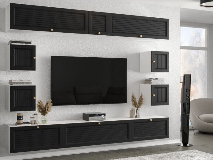 Meblościanka RTV Modułowa Nowoczesne Meble Szafki Wiszące Do Salonu 265X190X35 CM + Fronty Frezowane Malowane MDF 18 MM + Wybór Wzorów PORTO