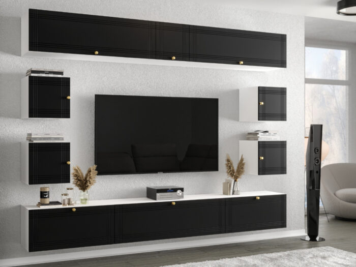 Meblościanka RTV Modułowa Nowoczesne Meble Szafki Wiszące Do Salonu 265X190X35 CM + Fronty Frezowane Malowane MDF 18 MM + Wybór Wzorów PORTO