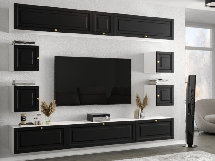 Meblościanka RTV Modułowa Nowoczesne Meble Szafki Wiszące Do Salonu 265X190X35 CM + Fronty Frezowane Malowane MDF 18 MM + Wybór Wzorów PORTO