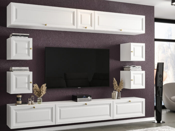 Stylowa Meblościanka RTV Nowoczesne Meble Szafki Modułowe Do Salonu 265X190X35 CM + Fronty Frezowane Malowane MDF 18 MM + Wybór Wzorów PORTO