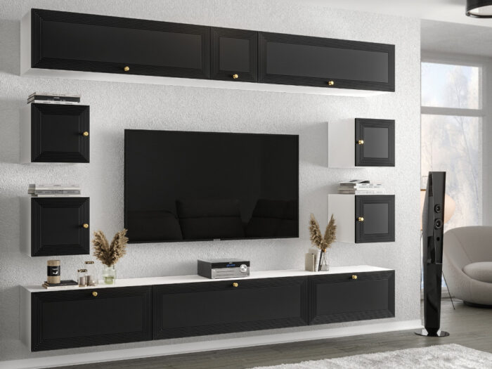 Meblościanka RTV Modułowa Nowoczesne Meble Szafki Wiszące Do Salonu 265X190X35 CM + Fronty Frezowane Malowane MDF 18 MM + Wybór Wzorów PORTO