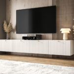 Białe Meble RTV Z Lamelami 220 CM Meblościanka Nowoczesna Wisząca Szafki Modułowe Do Salonu+ Fronty Frezowane Lakierowane MDF 18 MM + Wybór Wzorów COMO