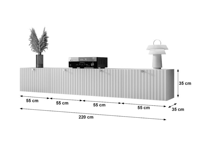 Białe Meble RTV Z Lamelami 220 CM Meblościanka Nowoczesna Wisząca Szafki Modułowe Do Salonu+ Fronty Frezowane Lakierowane MDF 18 MM + Wybór Wzorów COMO