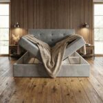 Szare Łóżko Kontynentalne 160x200 Sega z pojemnikami na pościel