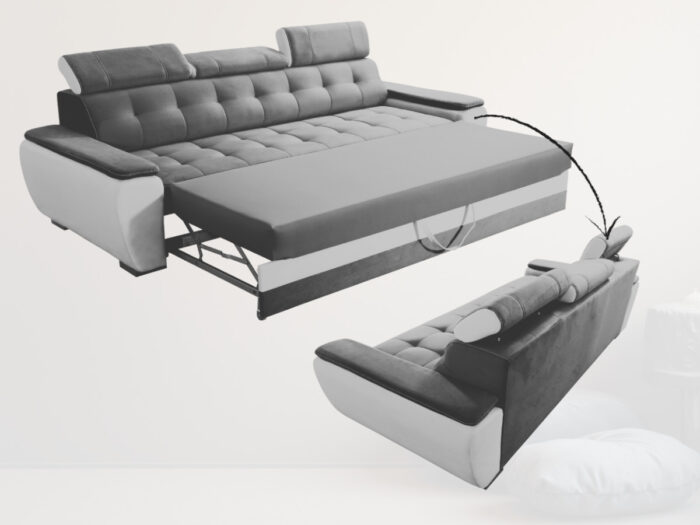 Nowoczesna Sofa Rozkładana 3 Osobowa 230 CM + Regulowane Zagłówki + Sprężyna Falista Pianka Wysokoelastyczna - ADRIA