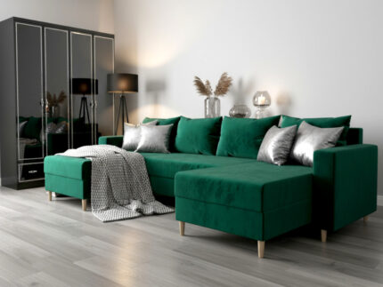 Duży Narożnik Rozkładany W Kształcie U 290x144 CM + Pojemnik Na Pościel + Sprężyna Bonell Pianka T30 + Wybór Kolorów - HAMPTON