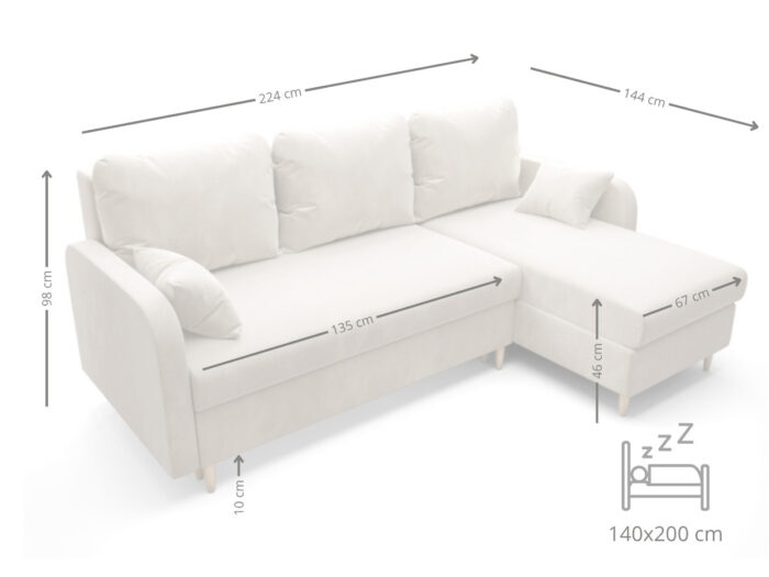 Rozkładany Narożnik Do Salonu 224x146 CM Z Funkcją Spania Pojemnikiem + Sprężyna Bonell Pianka T30 + Wybór Kolorów - KENT