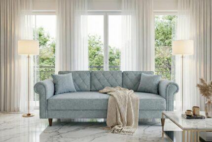 Kanapa Rozkładana Spark 250 cm ujęcie przodem w szarej tkaninie