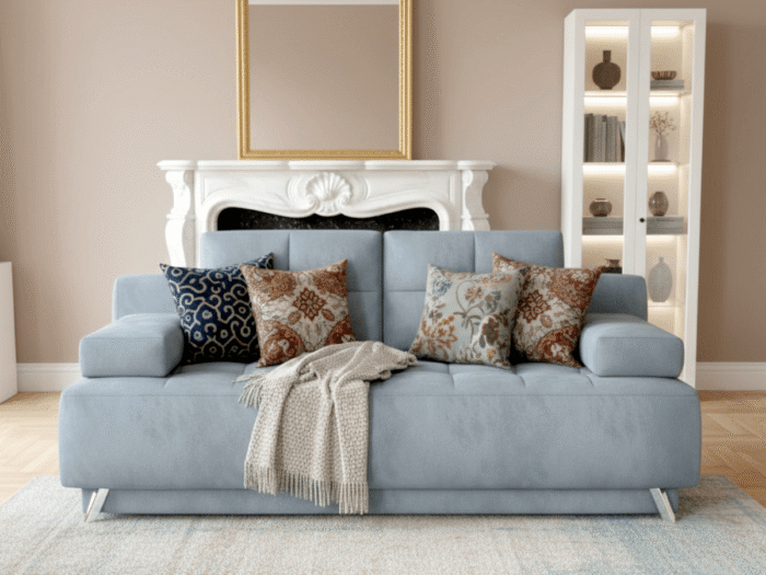 Mała Rozkładana Kanapa 197 CM - Wygodna Sofa Do Salonu + Pikowane Siedzisko + Pojemnik Na Pościel - NOVA