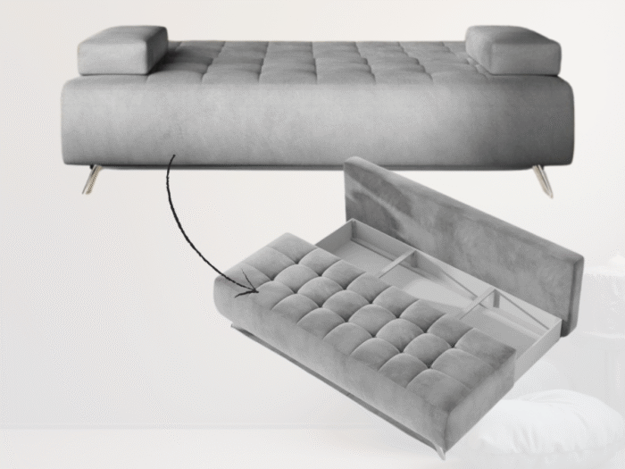 Mała Rozkładana Kanapa 197 CM - Wygodna Sofa Do Salonu + Pikowane Siedzisko + Pojemnik Na Pościel - NOVA