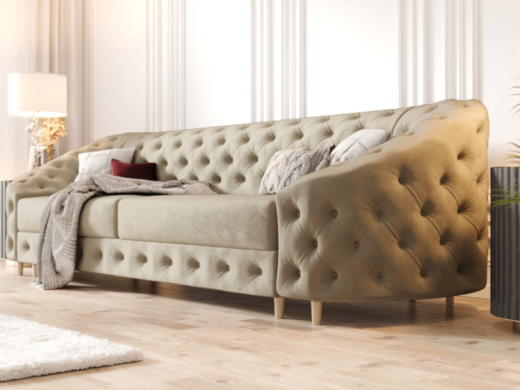 Pikowana Sofa Rozkładana 3 Osobowa 290 CM - Elegancka Kanapa W Stylu Glamour + Pianka HR45 + Sprężyny Bonell - VENUS