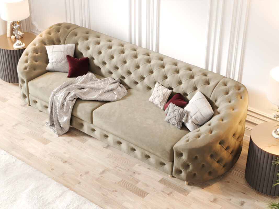 Pikowana Sofa Rozkładana 3 Osobowa 290 CM - Elegancka Kanapa W Stylu Glamour + Pianka HR45 + Sprężyny Bonell - VENUS